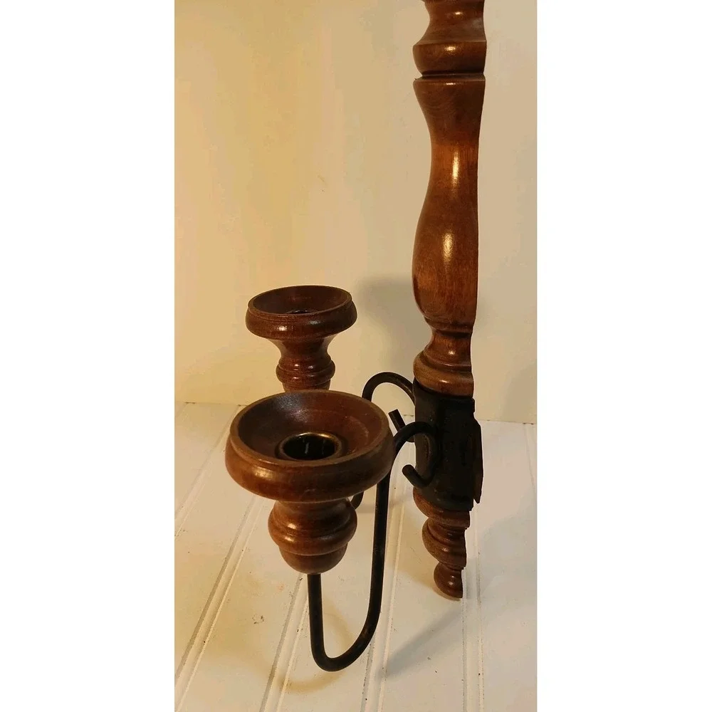 Vtg Home Interior Farmhouse Wood Wrought Iron Wall Sconce Double Candle MCM Folk